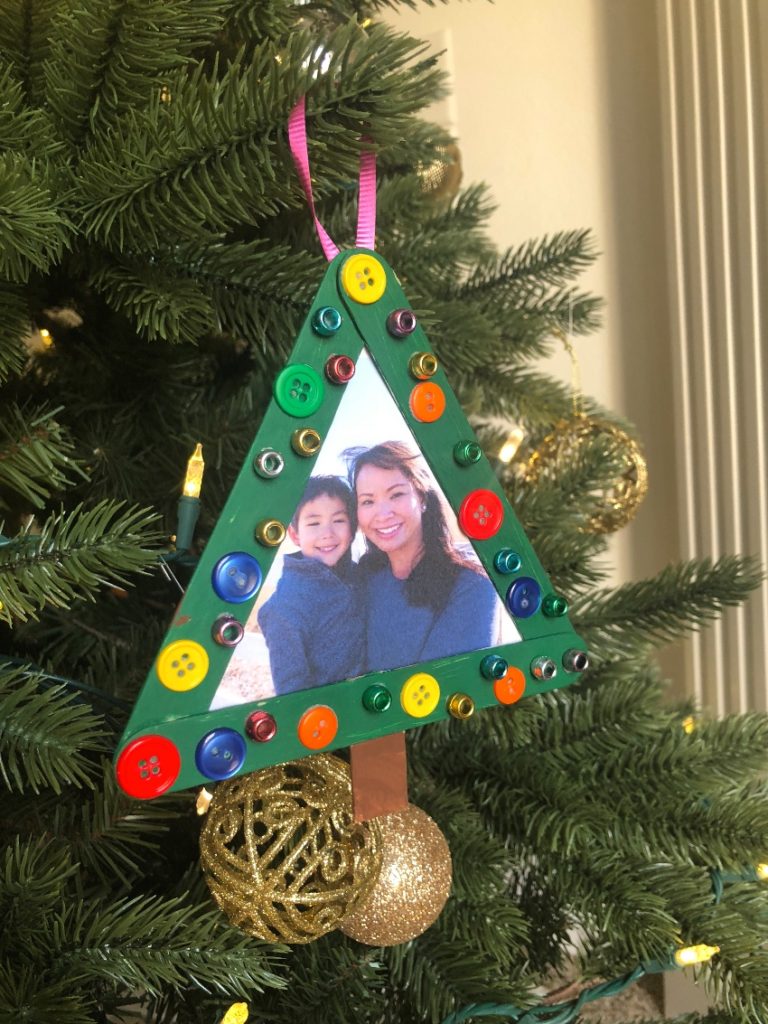 Completing Christmas tree picture frame ornament