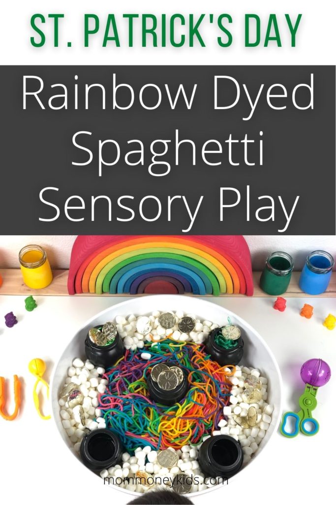 st. patrick's day rainbow dyed spaghetti sensory play pin