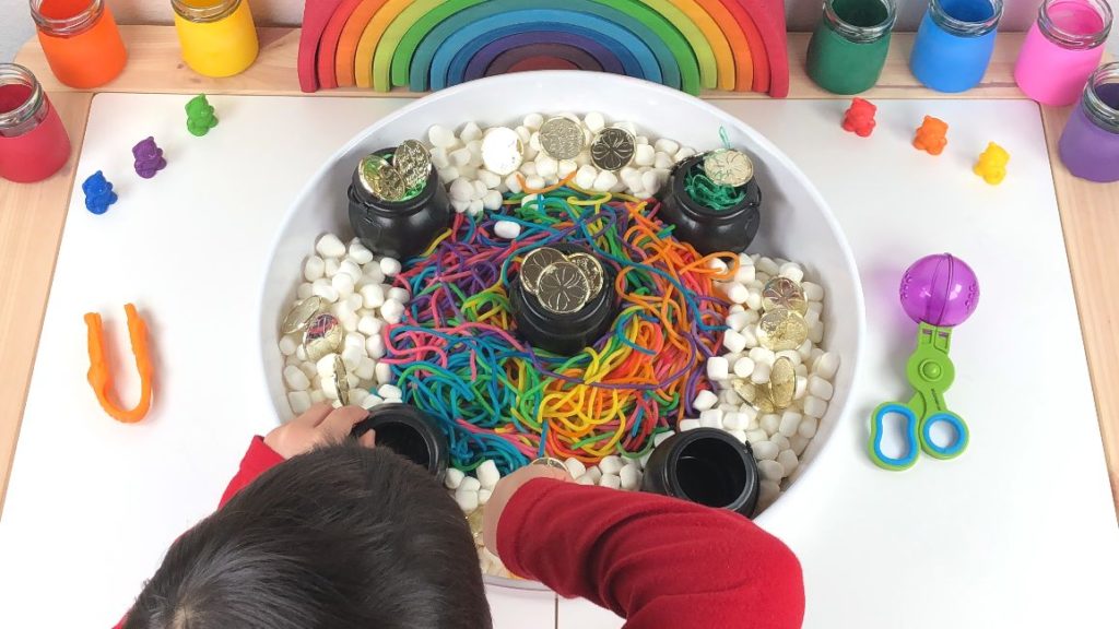 st. patrick's day rainbow dyed spaghetti sensory play marshmallow toy bears