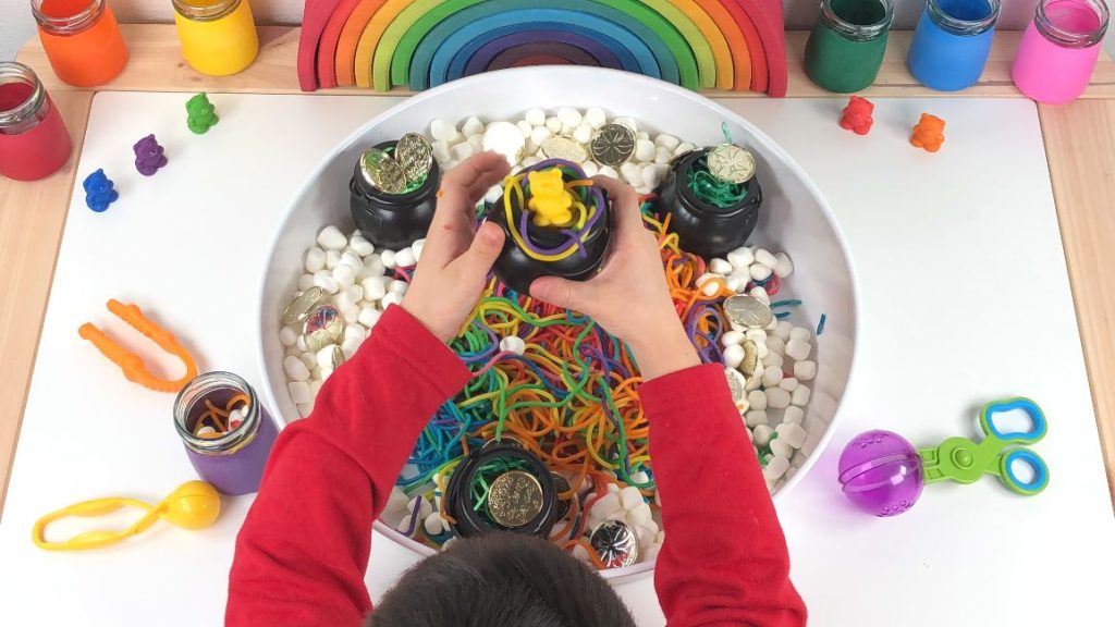 st. patrick's day rainbow dyed spaghetti sensory play marshmallow leprechaun