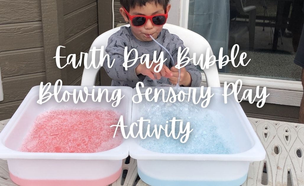 Earth Day bubble blowing water sensory play activity