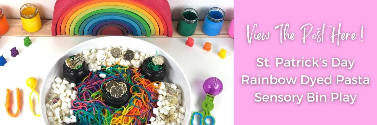 st patricks day rainbow dyed spaghetti sensory bin play