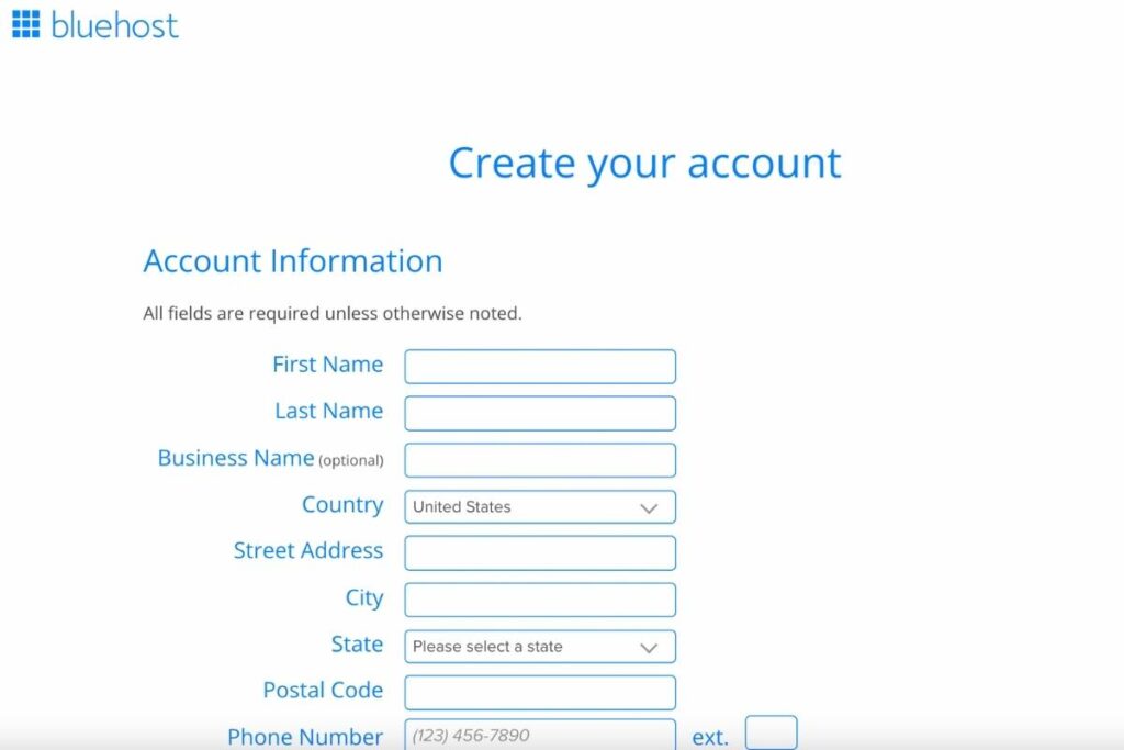 enter in your account details and payment information for bluehost web hosting